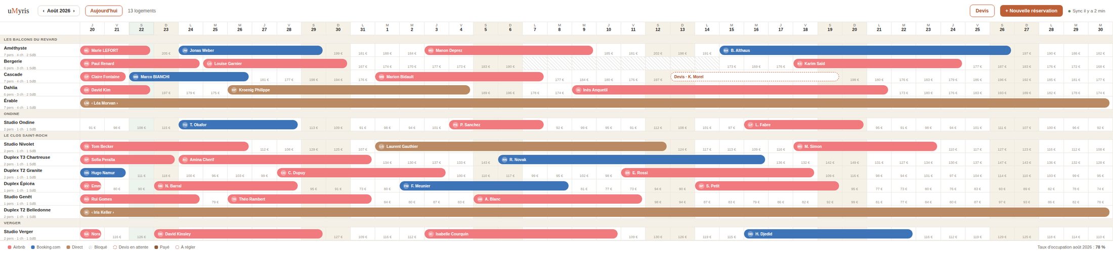 Le planning multi-canaux d'uMyris, avec les réservations Airbnb, Booking.com et directes sur une seule grille.